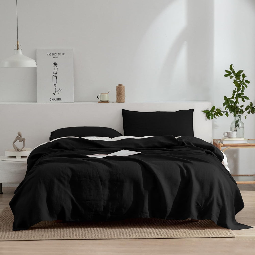 EVERLY Linen Sheets Set Full Size,100% French Stonewash Pure Linen Sheets Set,4Pieces (1Flat Sheet,1Fitted Sheet,2Pillowcase) Suitable for Hot Sleepers,Deep Pocket Natural Bedding Set-Black