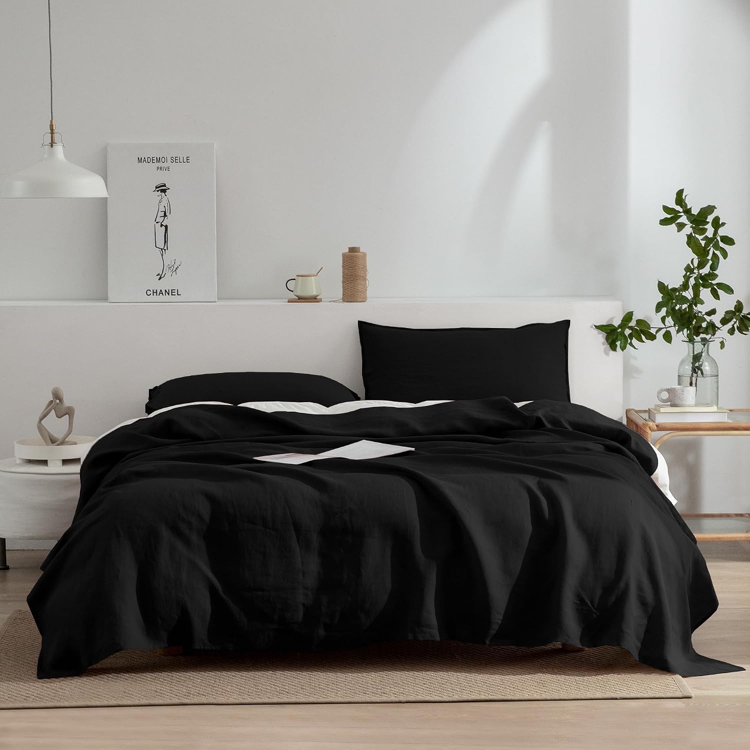 EVERLY Linen Sheets Set Full Size,100% French Stonewash Pure Linen Sheets Set,4Pieces (1Flat Sheet,1Fitted Sheet,2Pillowcase) Suitable for Hot Sleepers,Deep Pocket Natural Bedding Set-Black