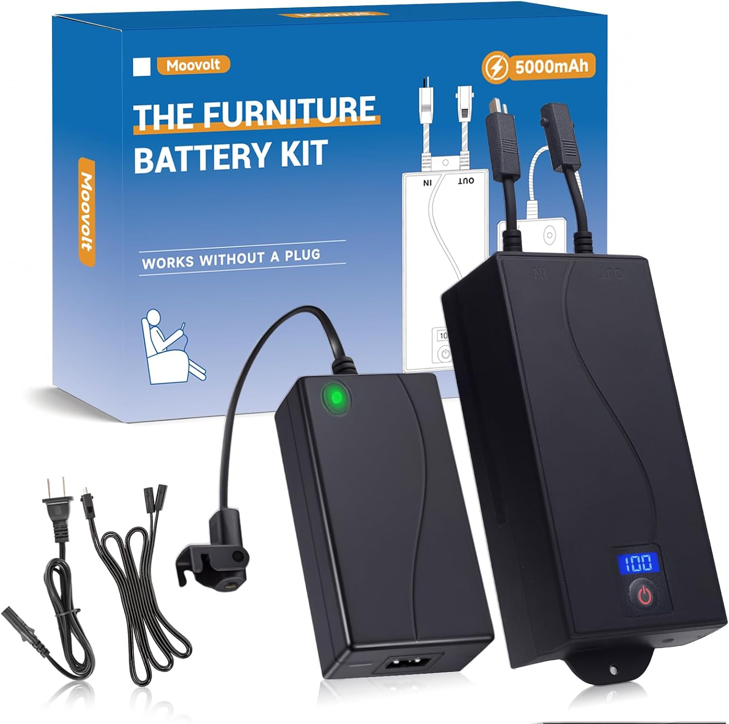 5000mAh Universal Battery Pack for Reclining Furniture, Rechargeable Wireless Power Supply Fits Furniture with 2-Pin Connection, Batteries for Electric Sofas, Couch, Power Recliner Chair