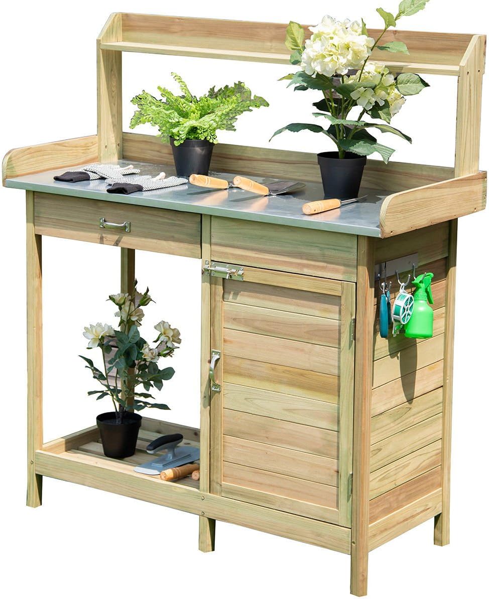 Outdoor Potting Bench Garden Wooden Work Station Metal Tabletop Cabinet Drawer