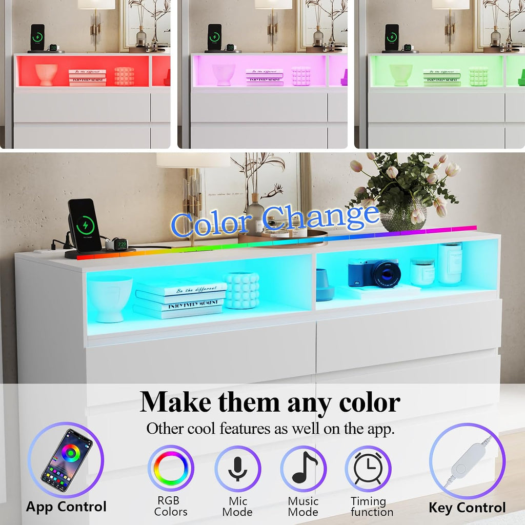 Gyfimoie Dresser for Bedroom with Full Length Mirror 48'x16', White Storage Cabinet with Power Outlet, 6 Drawer Dresser with LED Light, Modern Dressers with Charging Station(White)