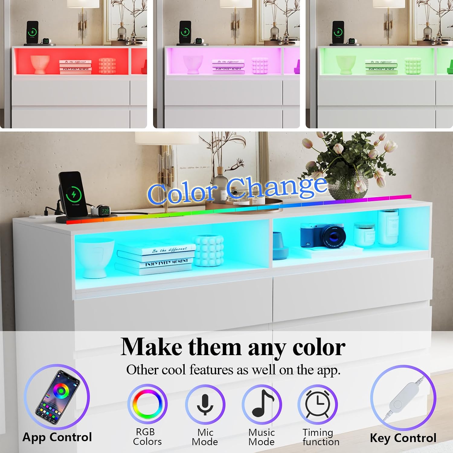Gyfimoie Dresser for Bedroom with Full Length Mirror 48'x16', White Storage Cabinet with Power Outlet, 6 Drawer Dresser with LED Light, Modern Dressers with Charging Station(White)