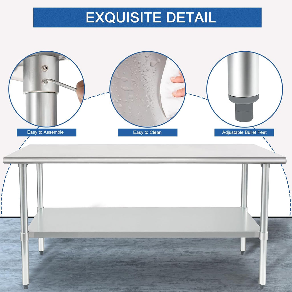HARDURA Stainless Steel Table 30X72 Inches with Undershelf and Galvanized Legs NSF Heavy Duty Commercial Metel Table for Food Prep