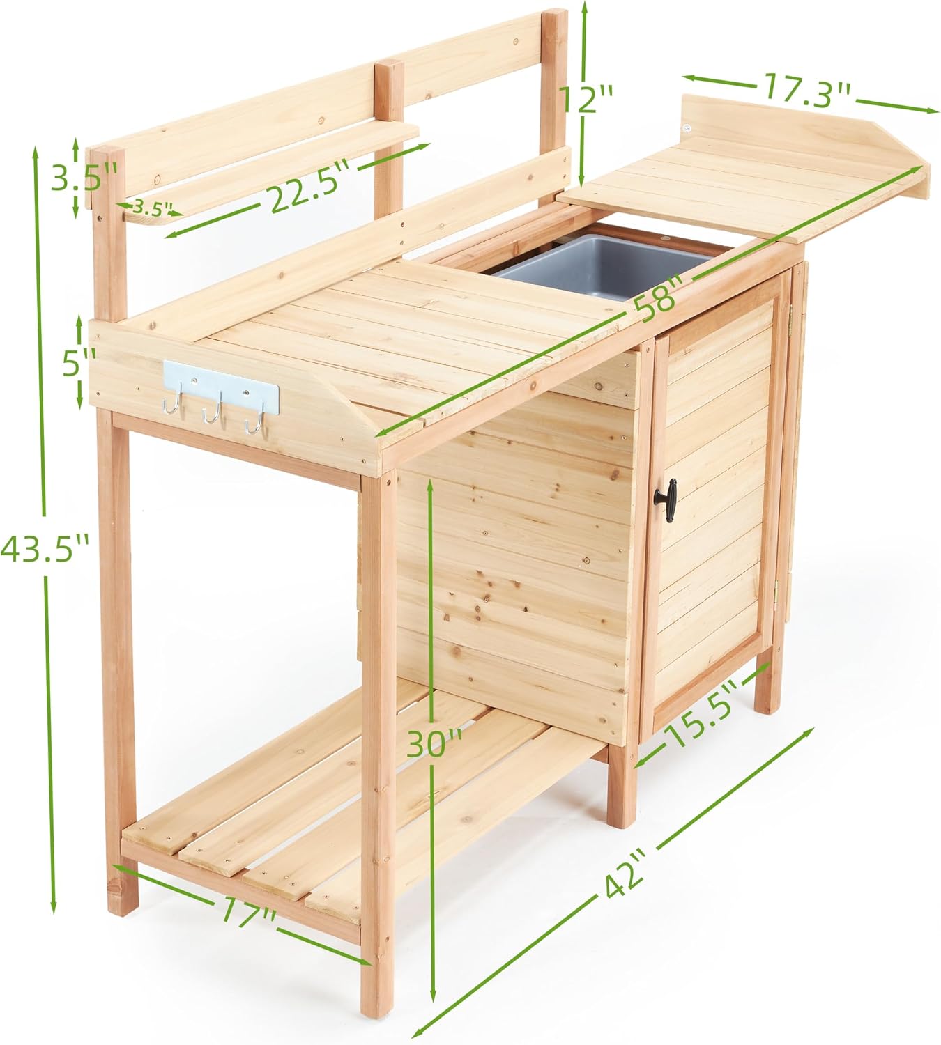 42' Outdoor Potting Bench with Sink, Wooden Potting Table with Sliding Tabletop, Storage Cabinet & Bottom Shelf, Garden Work Bench for Patio Backyard Porch, Natural