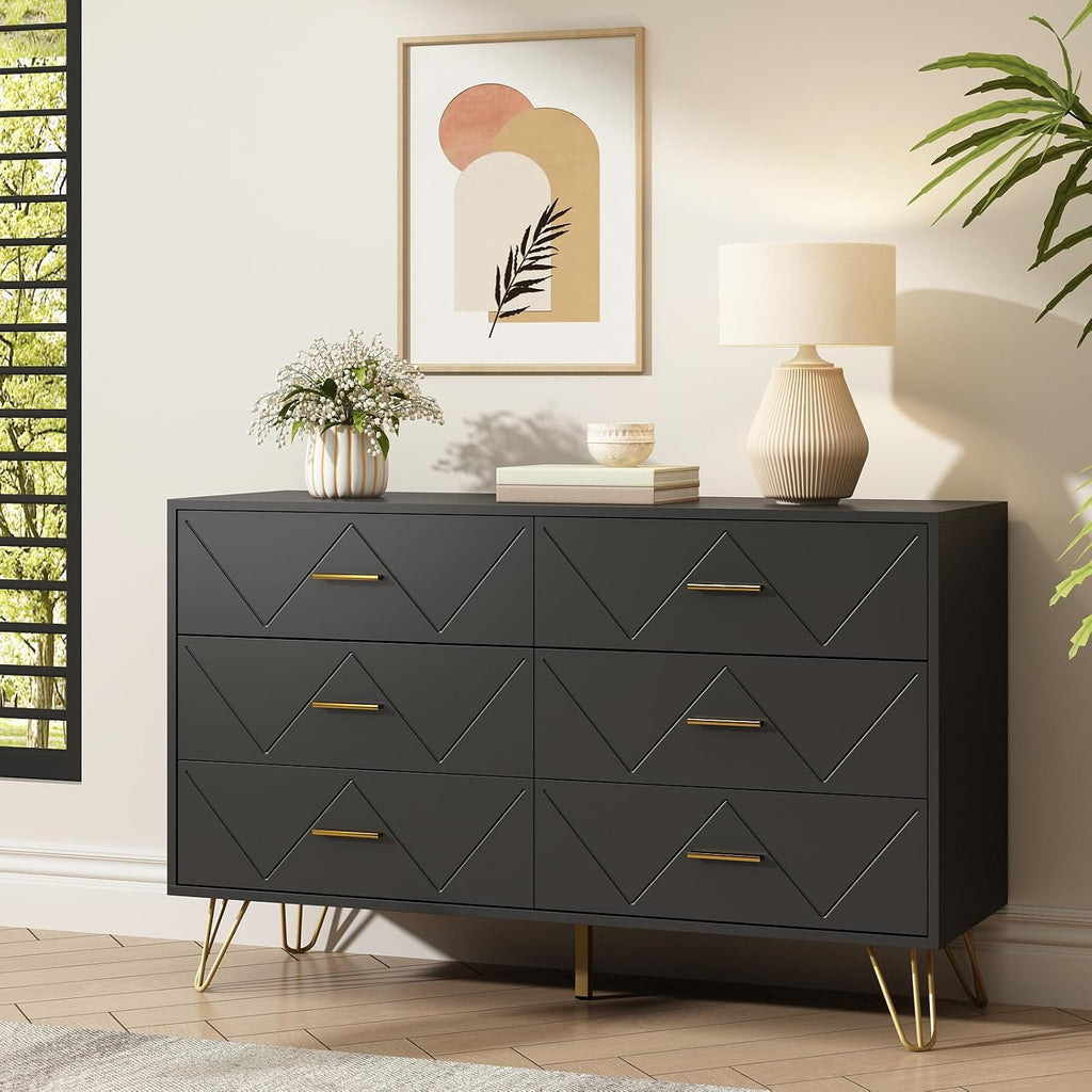 6 Drawer Black Dresser for Bedroom, Modern Chest of Drawers with Deep Drawers,Wood Dresser with Gold Metal Handles for Bedroom, Living Room, Hallway