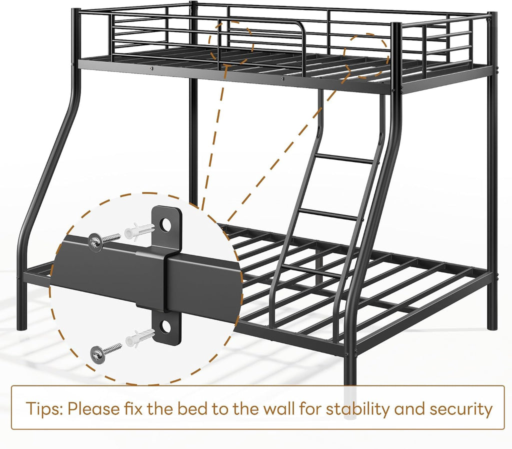 SogeSleep Bunk Beds Twin Over Full Size, More Sturdy Heavy Duty Metal Bunk Bed with Angled Ladder for Teens and Adults, Used for Spaces-Saving, Apartment or Dorm, Noise Free & Easy Assembly, Black