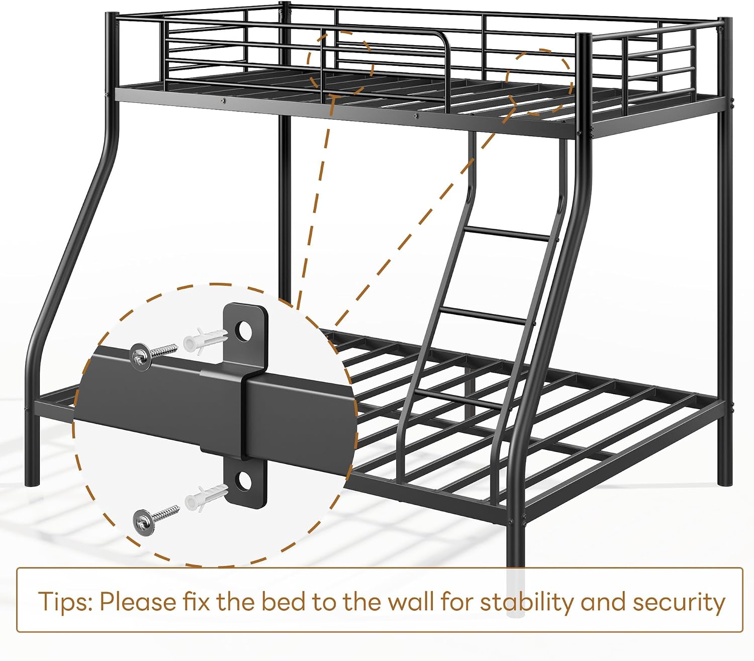 SogeSleep Bunk Beds Twin Over Full Size, More Sturdy Heavy Duty Metal Bunk Bed with Angled Ladder for Teens and Adults, Used for Spaces-Saving, Apartment or Dorm, Noise Free & Easy Assembly, Black