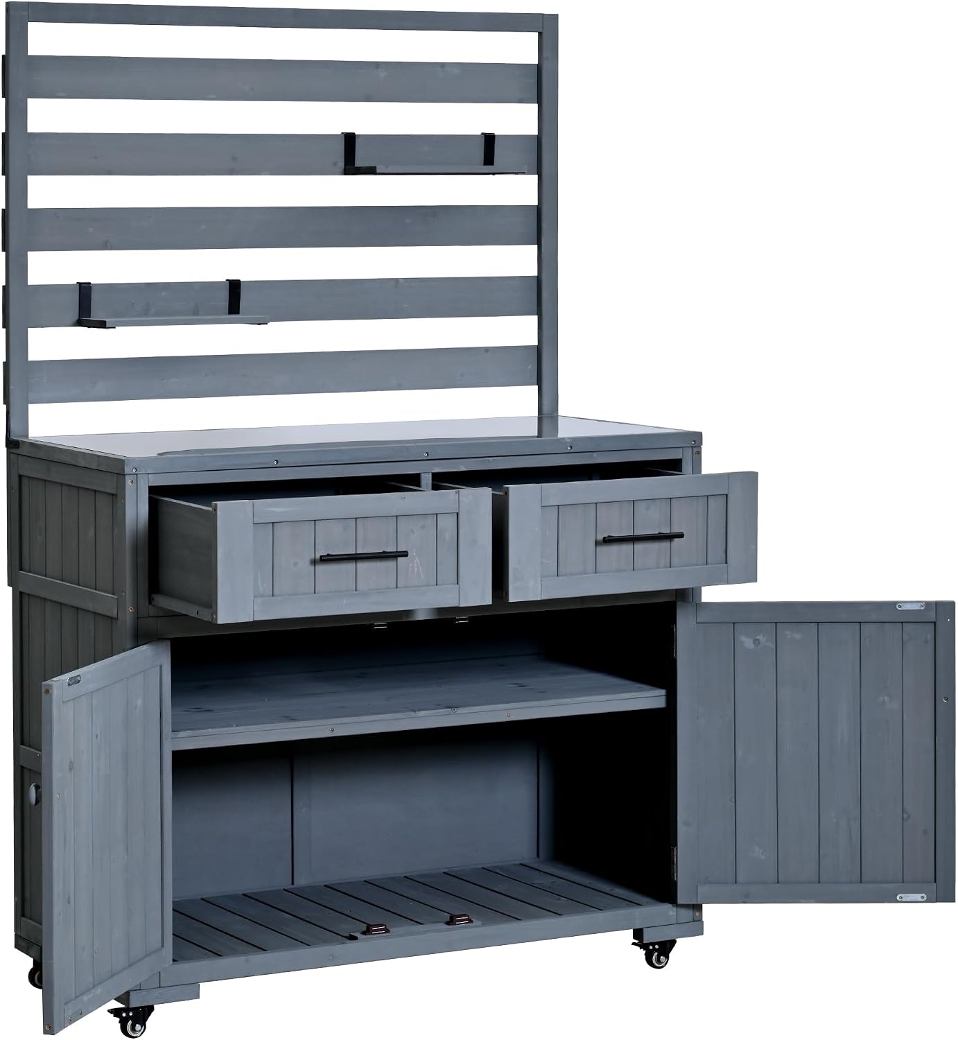 Large Potting Bench Table with Stainless Table Top, Mobile Garden Workstation on Wheels with 3 Movable Shelves and 2 Drawers (Gray)