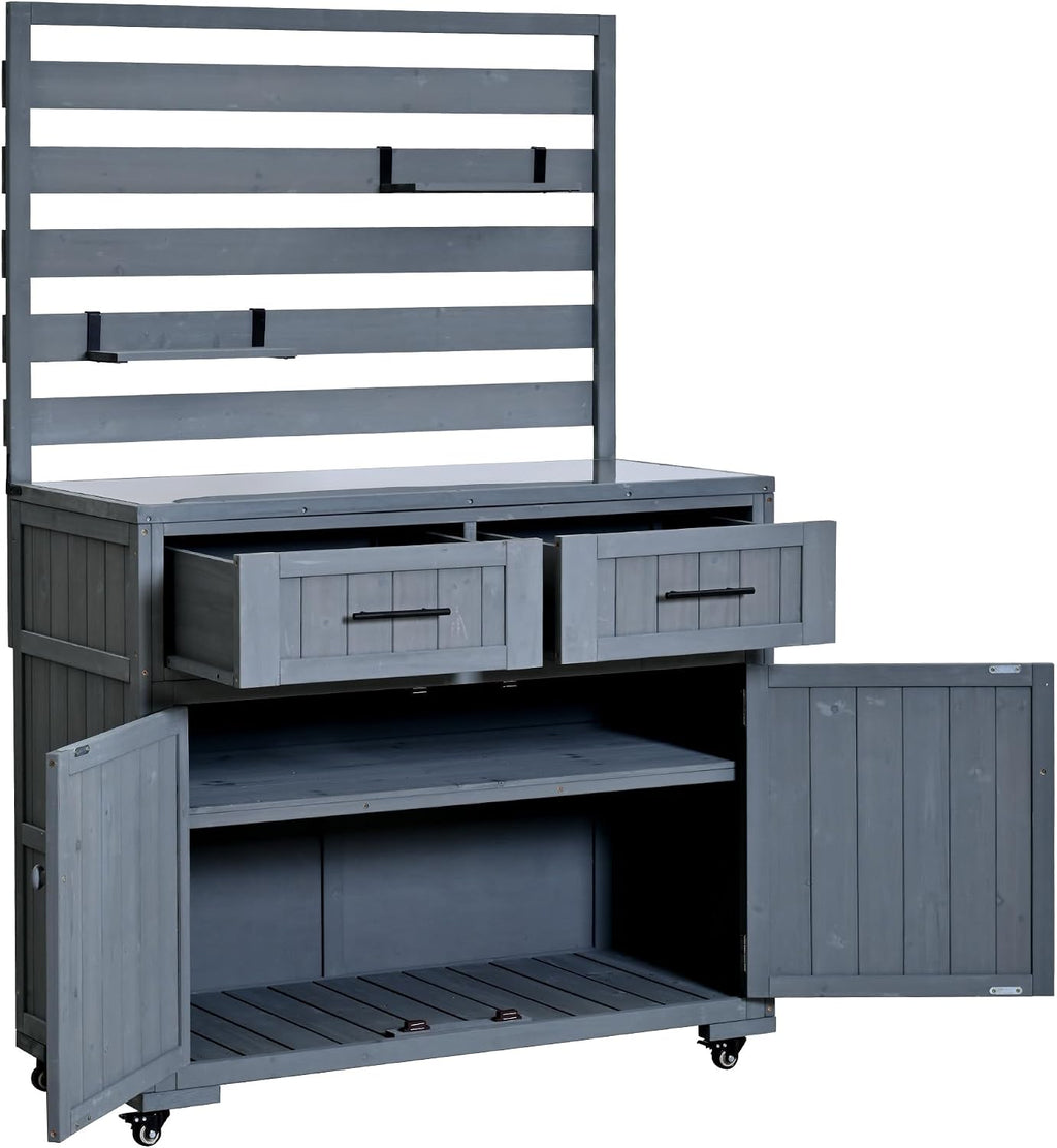 64.9'' H Large Patio Kitchen Island Cart,Solid Wood Grill Prep BBQ Table,Garden Potting Bench with Stainless Table Top,3 Movable Shelves and 2 Drawers (Gray-k)