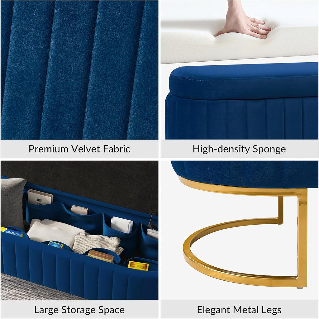 EcoHarbor Living 55.5' Storage Bench Ottoman End of Bed Bench Bedroom Bench, Upholstered Velvet Long Window Bench Large King Size with Gold Legs, Flipping Lid Entryway Footrest