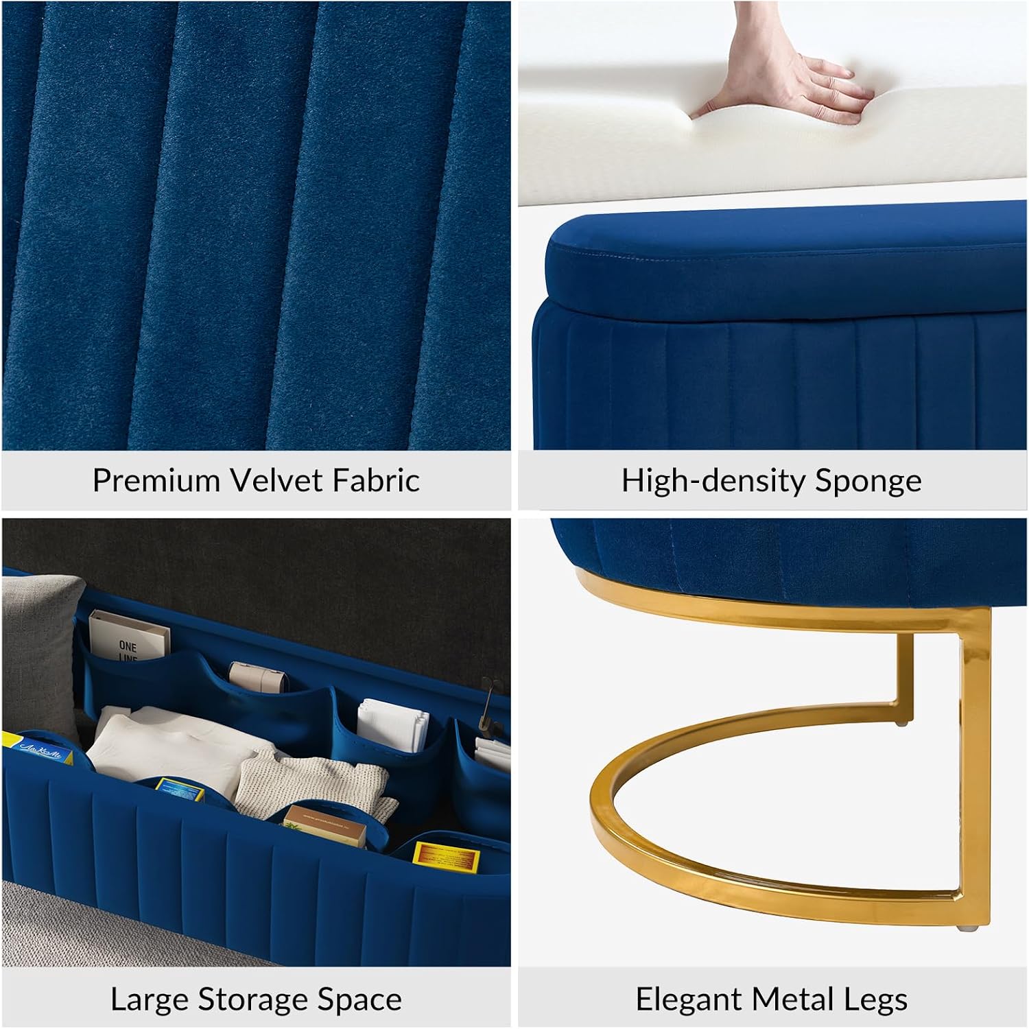 EcoHarbor Living 55.5' Storage Bench Ottoman End of Bed Bench Bedroom Bench, Upholstered Velvet Long Window Bench Large King Size with Gold Legs, Flipping Lid Entryway Footrest