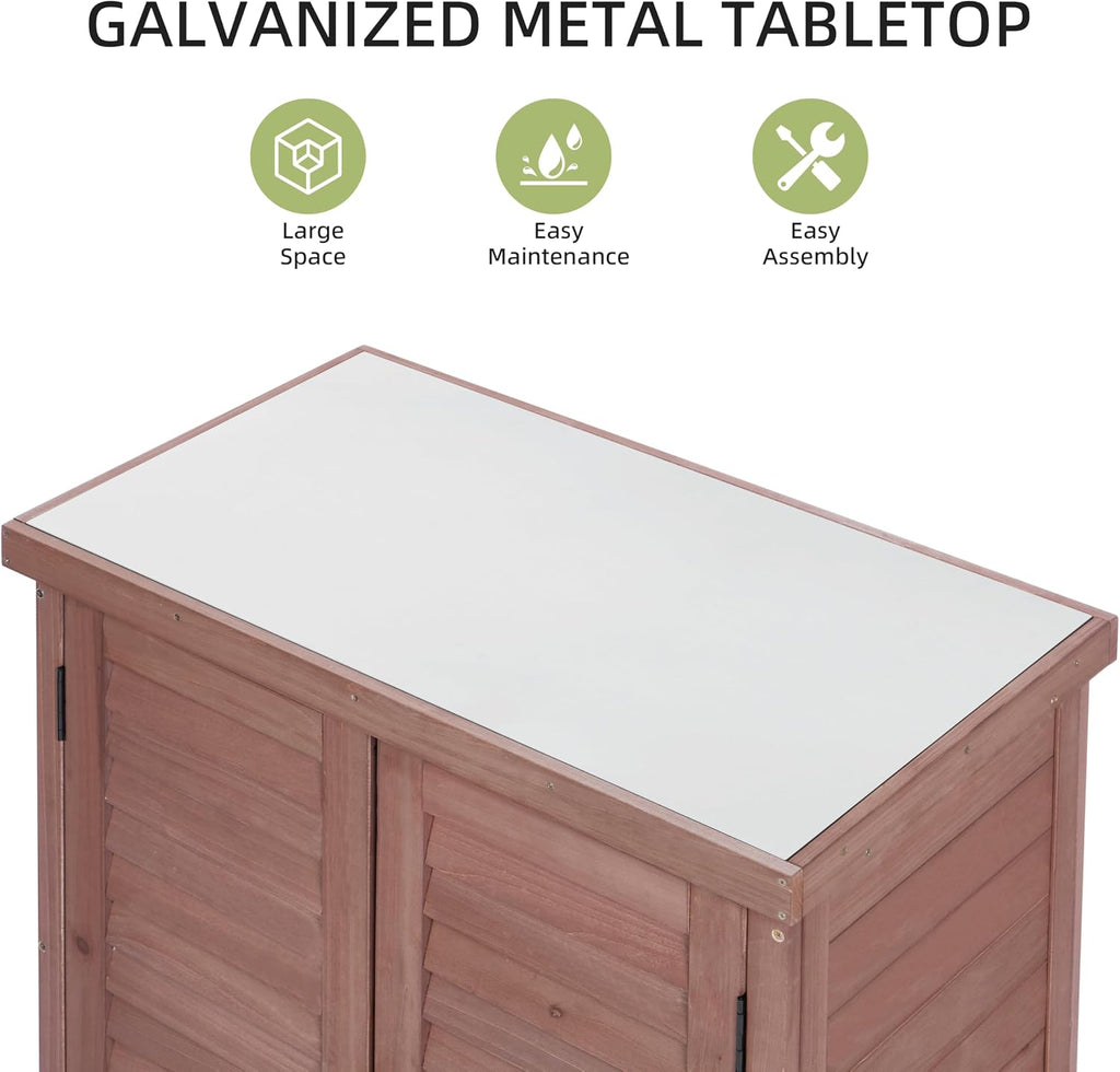 Potting Bench with Storage Cabinet and Metal Table Top for Outdoor Patio, Garden Furniture Wood Workstation (Brown)