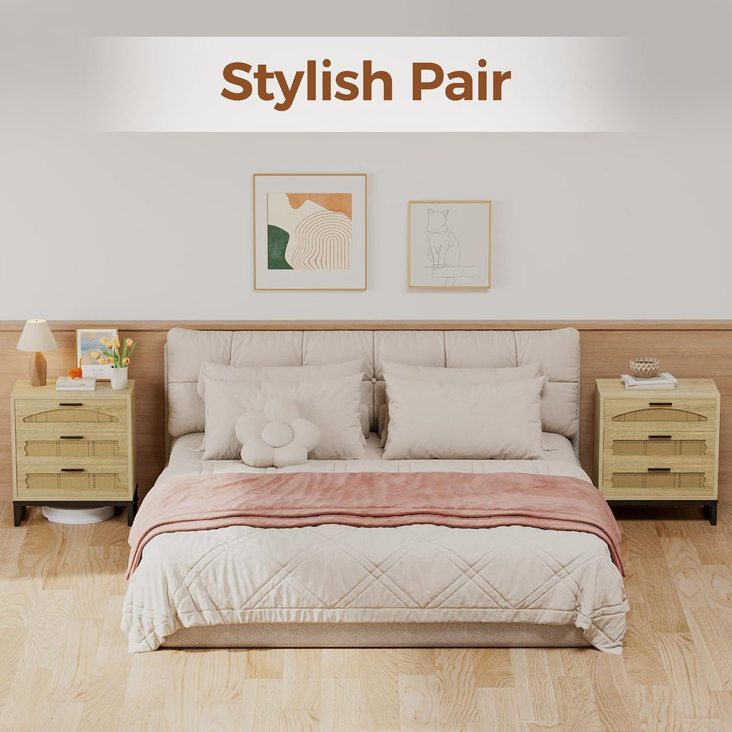 Mericonia 3 Drawer Rattan Dresser for Bedroom, Wood Dresser for Closet with Metal Handles, Small Boho Nightstand Sets, Dressers & Chests of Drawers for Bedroom, Hallway and Entryway, Oak