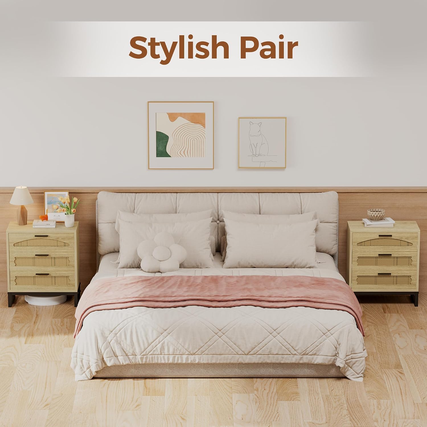 Mericonia 3 Drawer Rattan Dresser for Bedroom, Wood Dresser for Closet with Metal Handles, Small Boho Nightstand Sets, Dressers & Chests of Drawers for Bedroom, Hallway and Entryway, Oak