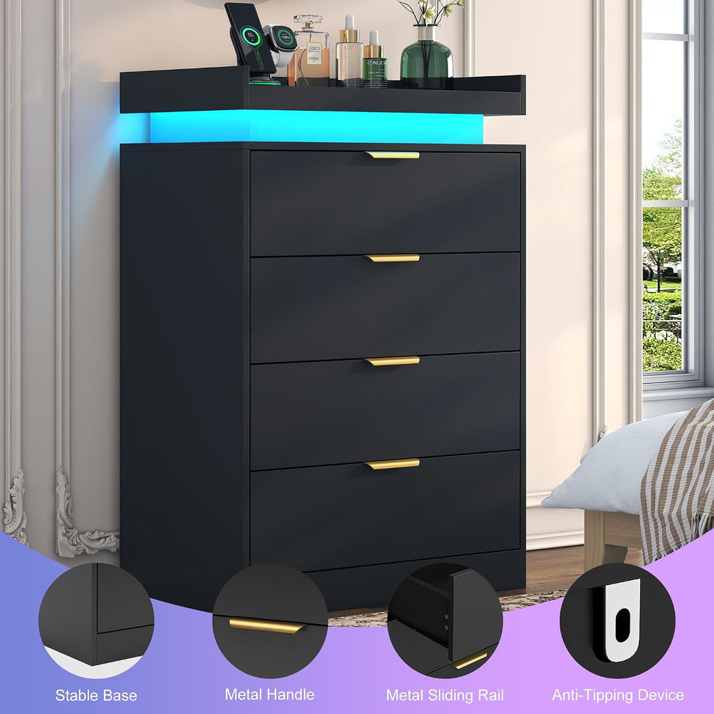 UNIQUITE Black Dresser with LED Lights and Power Outlet, Wooden 4 Drawer Dresser Tall Dresser for Bedroom, Modern Chest of Drawers Closet Organizer for Bedroom, Entryway, Hallway