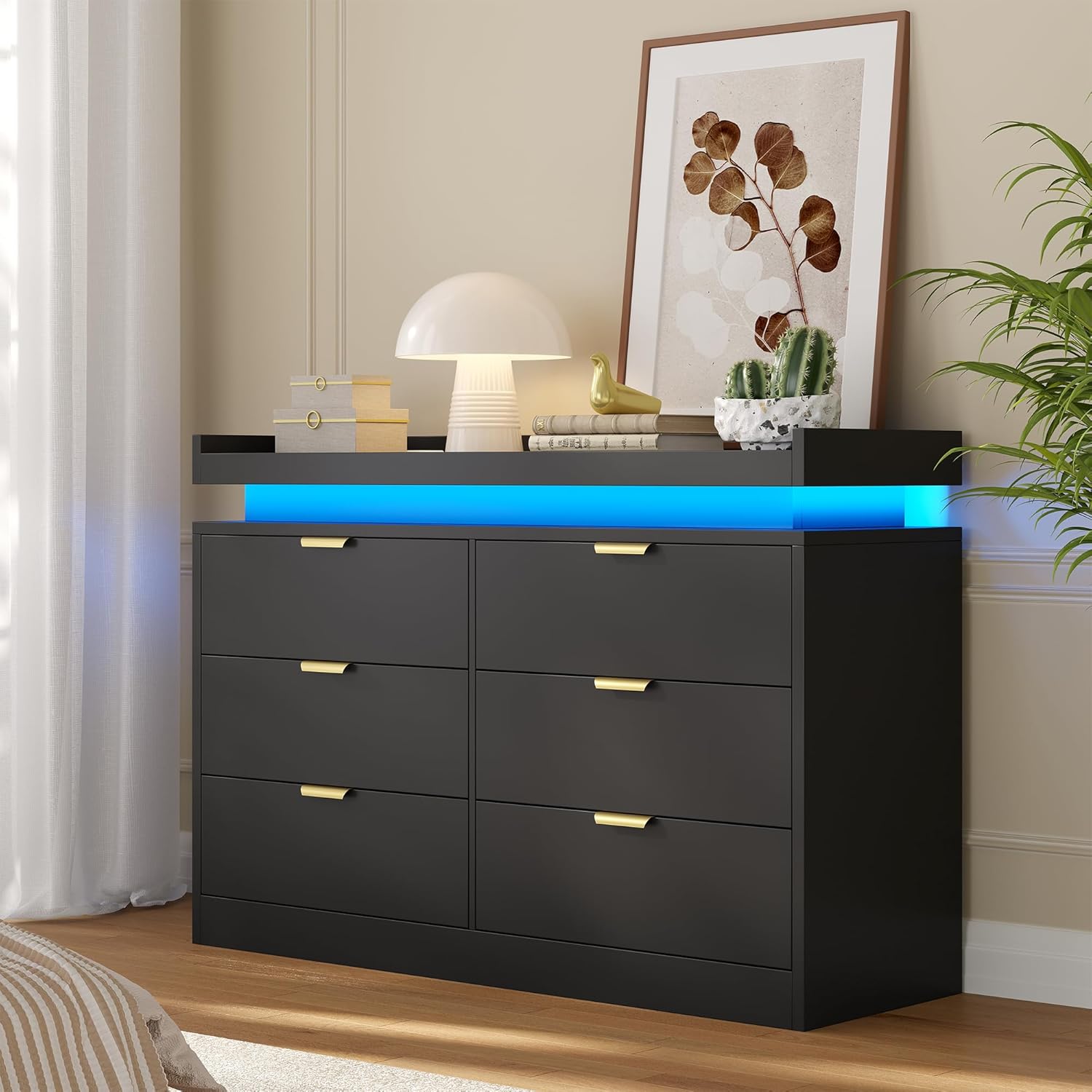 knoworld 6 Drawer Dresser for Bedroom, Black Dresser with LED Lights and Power Outlet, Large Wooden Dressers Modern Chest of Drawers, Double Wide 6 Drawer Dressers for Bedroom, Entryway, Hallway