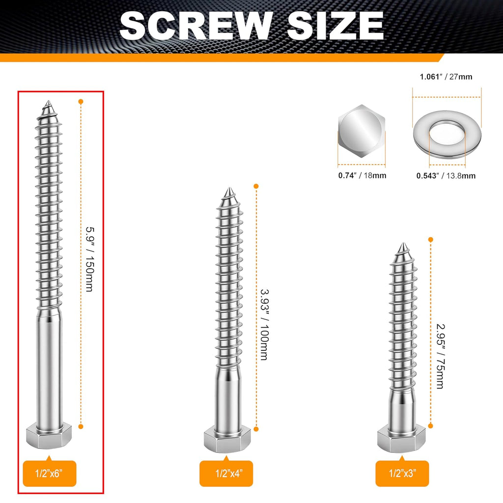 24 Pcs 1/2' x 6' Hex Head Lag Screws for Wood, Hex Head Lag Bolts,304 Stainless Steel 18-8 Heavy Duty Wood Screw with Flat Washers (24, 1/2' x 6')