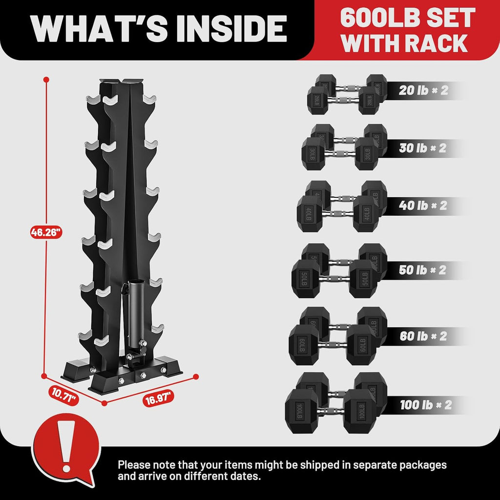 PAPABABE Hex Dumbbell Sets with Rack, 100-600lb Rubber Coated Dumbbell Weight Set and Storage Rack, Multiple Options Hand Weights for Strength Training