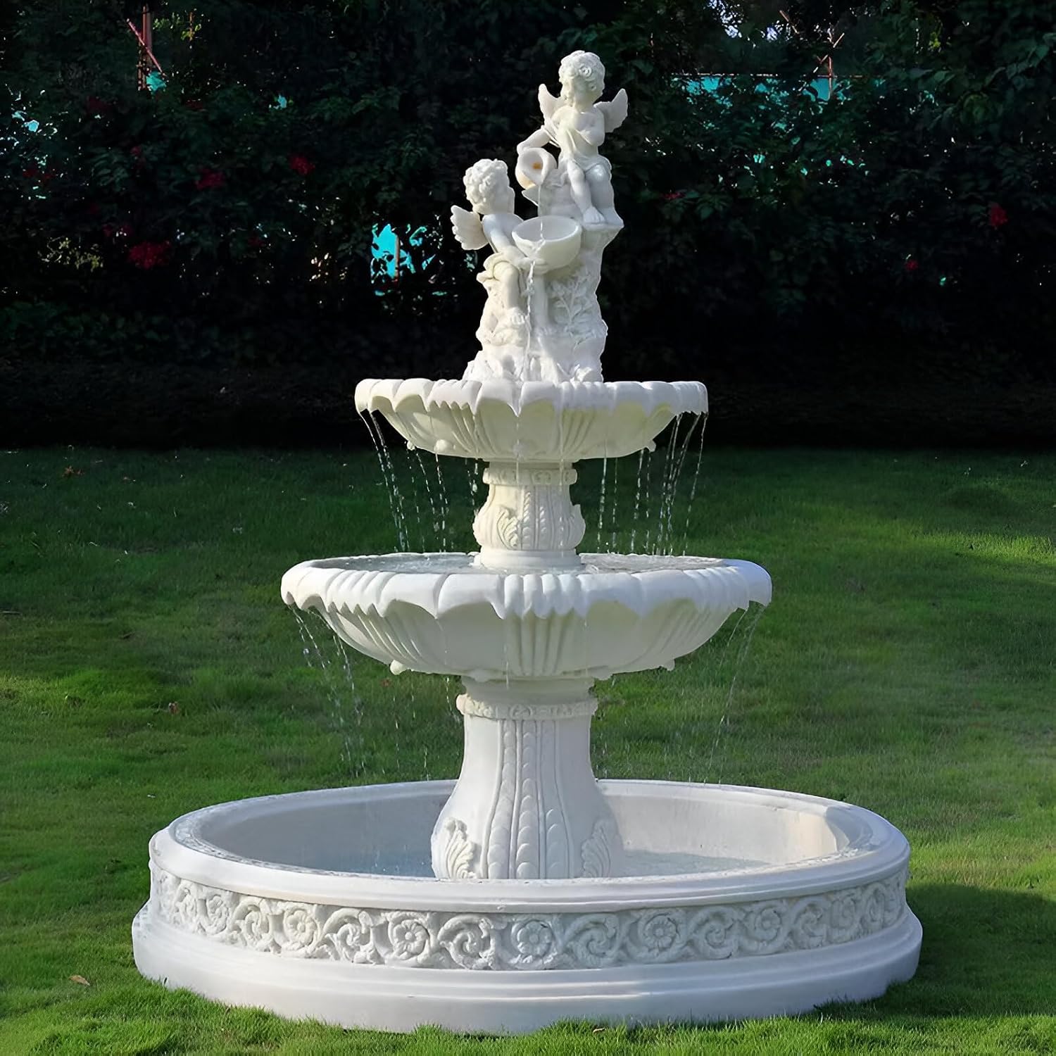 Large Outdoor Electric Water Fountain with Angel Top, 4-Tier Crystal Garden Fountain with LED Lights, Natural Crystals & Free Protective Cover for Lawn, Patio & Villa Décor (no pond, 120*120*160 CM)