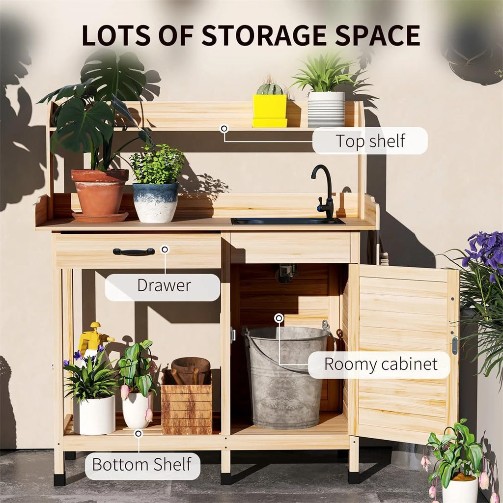 Outdoor Potting Bench with Storage Cabinet, Sink, Faucet and Hooks (Natural, 44.5' Length)