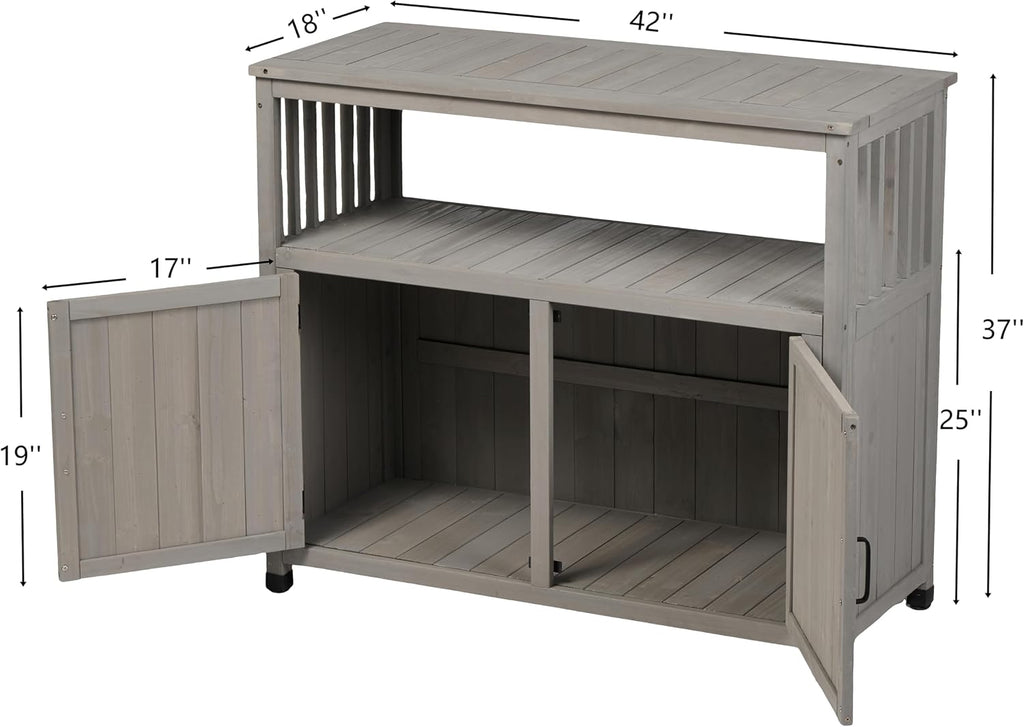 48' Potting Bench with Storage Cabinet, Solid Wood Garden Work Bench, Outdoor Prep Table & Potting Station for Patio, Backyard & BBQ, Grey