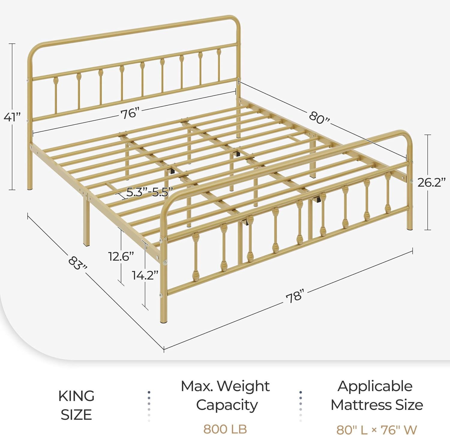 Topeakmart King Size Victorian Style Metal Bed Frame with Headboard/Mattress Foundation/No Box Spring Needed/Under Bed Storage/Strong Slat Support Antique Gold