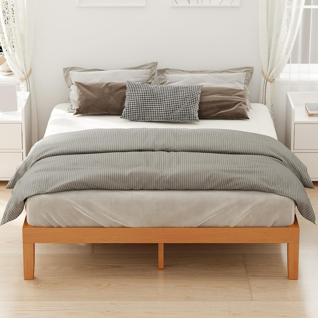 DUMOS Solid Wood Bed Frame, Full Size Bed Base with Wooden Slat Support, Sturdy, Stylish & Noise-Free Design, No Box Spring Needed, Easy Assembly, 12 in Natural Pine