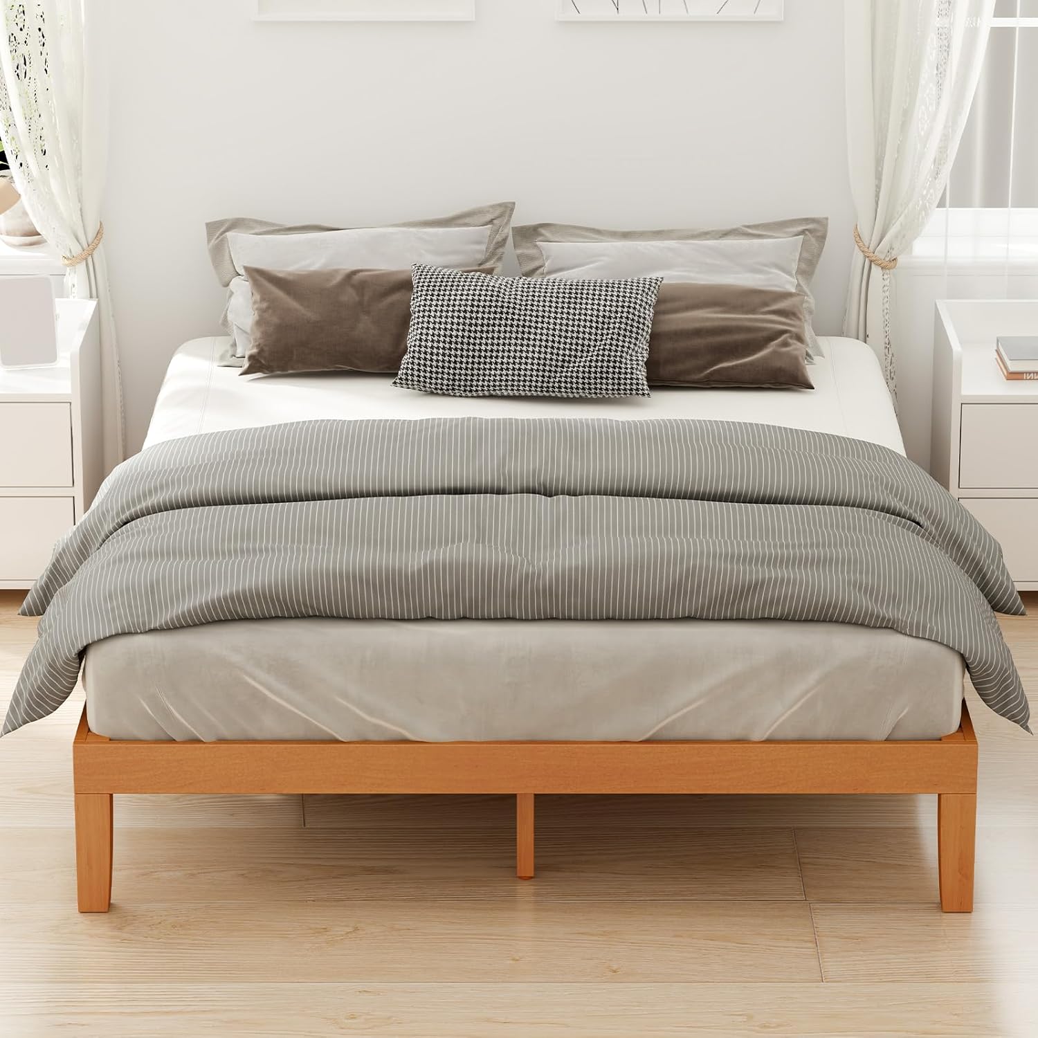DUMOS Solid Wood Bed Frame, Full Size Bed Base with Wooden Slat Support, Sturdy, Stylish & Noise-Free Design, No Box Spring Needed, Easy Assembly, 12 in Natural Pine