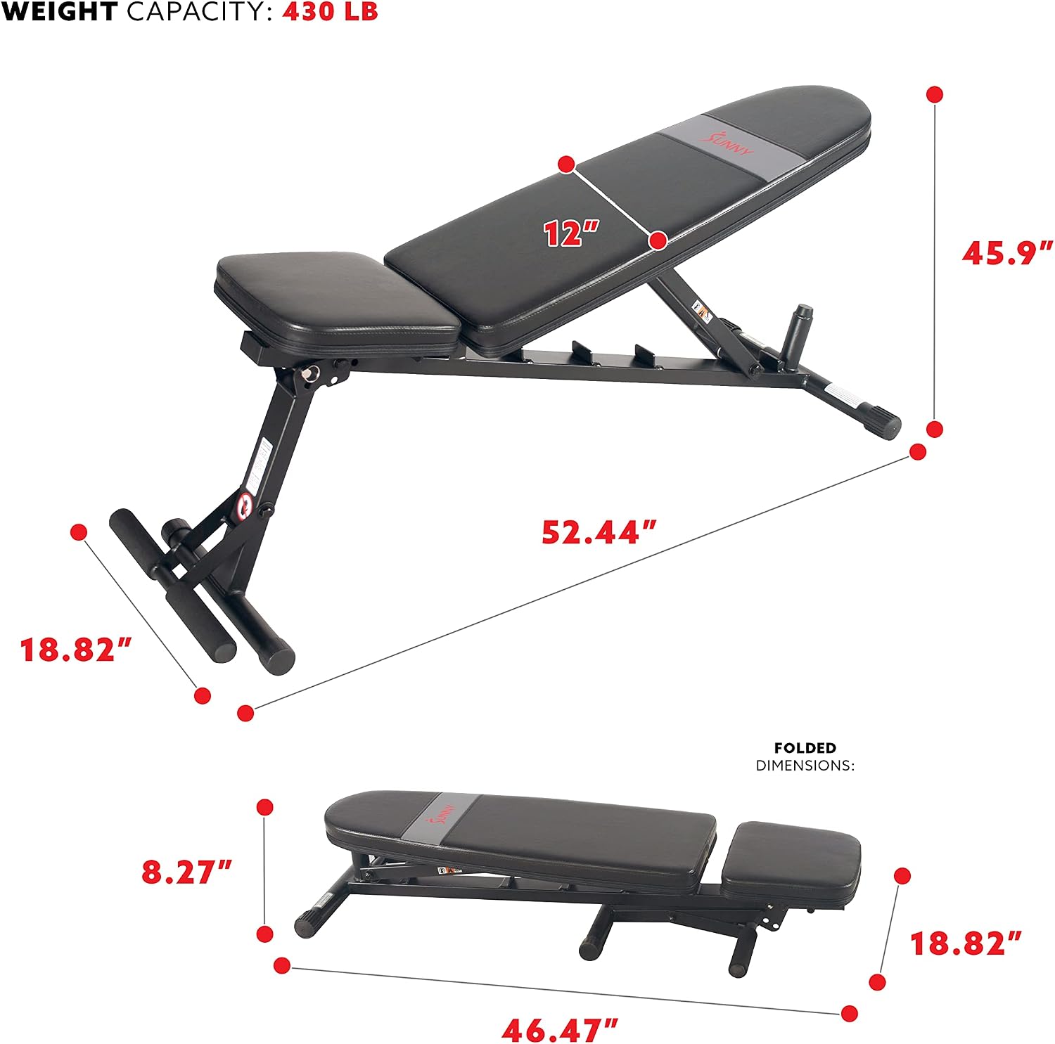 Sunny Health & Fitness Adjustable Weight Bench for Home Gym Strength Training, Incline/Decline, Multi-Position, High Weight Capacity