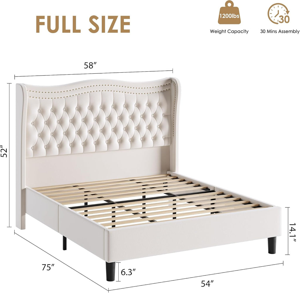 Upholstered Full Size Bed Frame with Tall Headboard, Velvet Wingback Platform Bed Frame with Deep Button Tufted, No Box Spring Needed, Noise Free, Beige