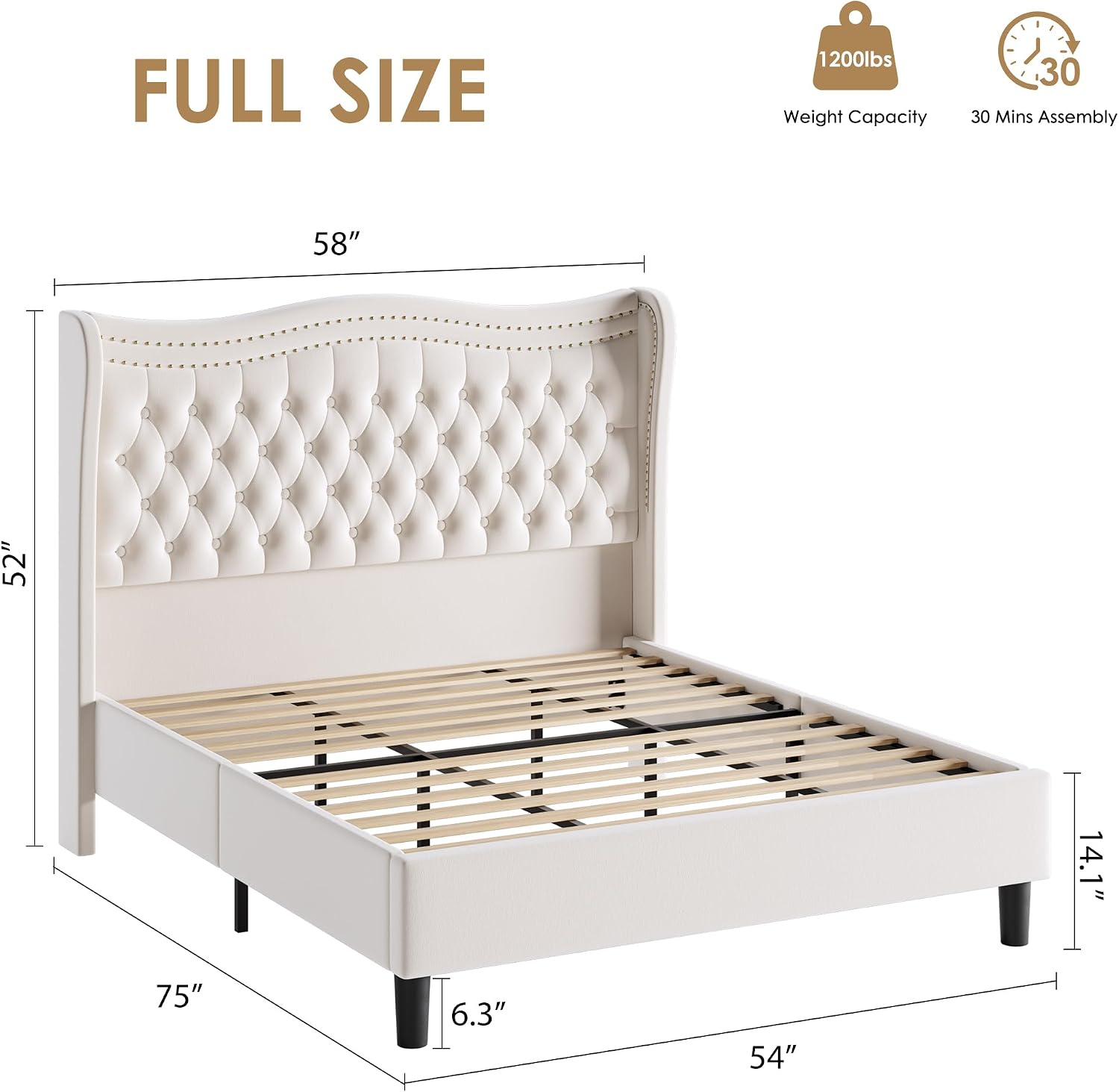 Upholstered Full Size Bed Frame with Tall Headboard, Velvet Wingback Platform Bed Frame with Deep Button Tufted, No Box Spring Needed, Noise Free, Beige