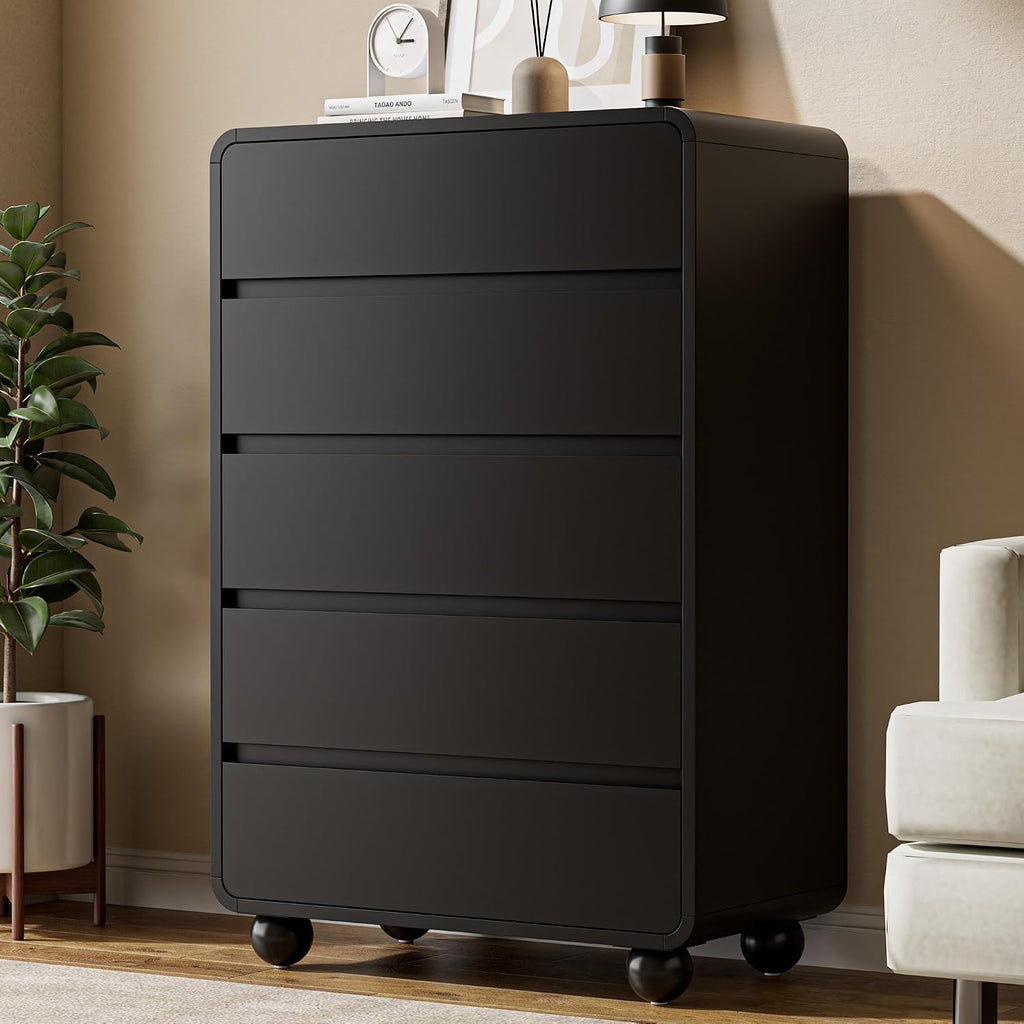 Lulive Wood Dresser for Bedroom, 41' Tall Chest of Drawers with 5 Drawers, Modern Closet Storage Drawer with Curved Profile Design for Living Room, Hallway, Entryway, Black