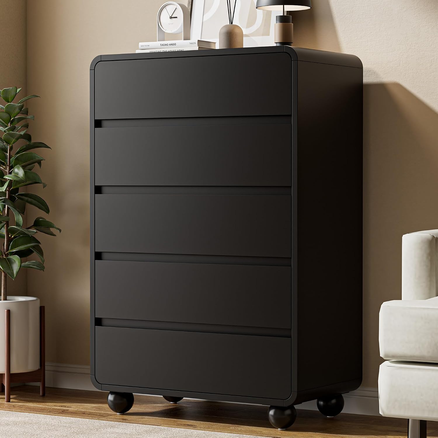 Lulive Wood Dresser for Bedroom, 41' Tall Chest of Drawers with 5 Drawers, Modern Closet Storage Drawer with Curved Profile Design for Living Room, Hallway, Entryway, Black