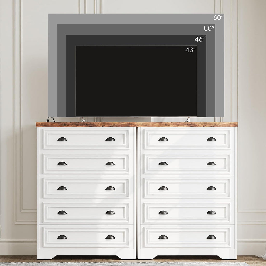 LIKIMIO 5-Drawer 43' Tall Dresser with Built-in Charging Station - Farmhouse Style Bedroom Storage Cabinet, Brown & White