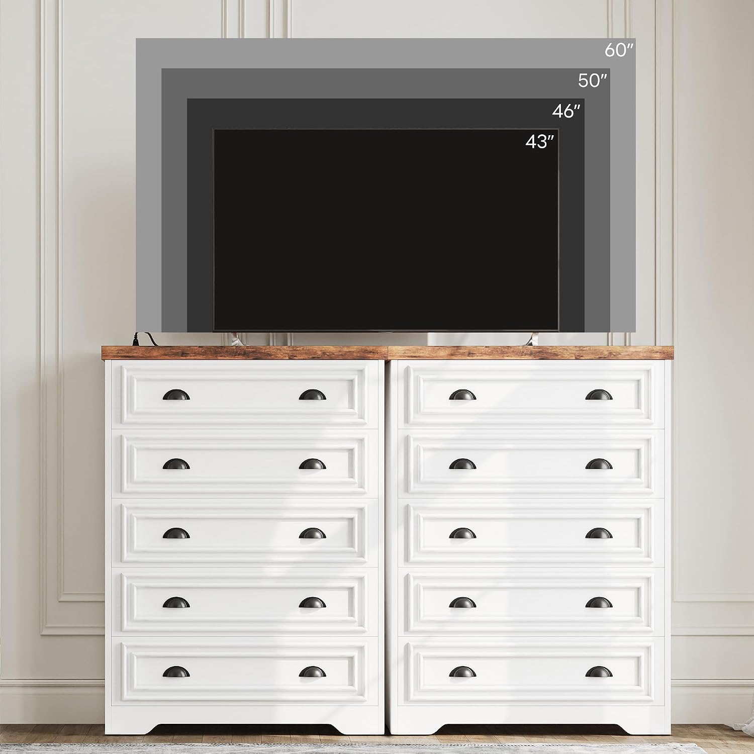 LIKIMIO 5-Drawer 43' Tall Dresser with Built-in Charging Station - Farmhouse Style Bedroom Storage Cabinet, Brown & White