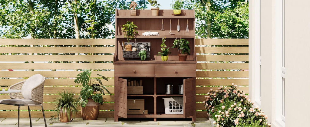 [Assembly Video Provided] TOPMAX 65inch Garden Potting Bench Table, Fir Wood Workstation with Storage Shelf, Drawer and Cabinet, Brown