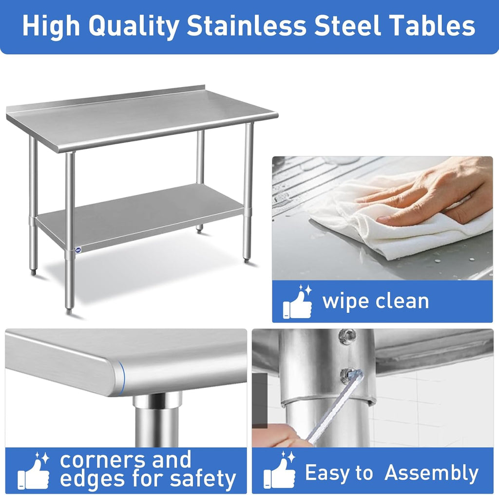 ROCKPOINT Stainless Steel Prep & Work with Backsplash 30x30 Inches, NSF Metal Commercial Kitchen Heavy Duty Table with Undershelf for Restaurant, Home and Hotel
