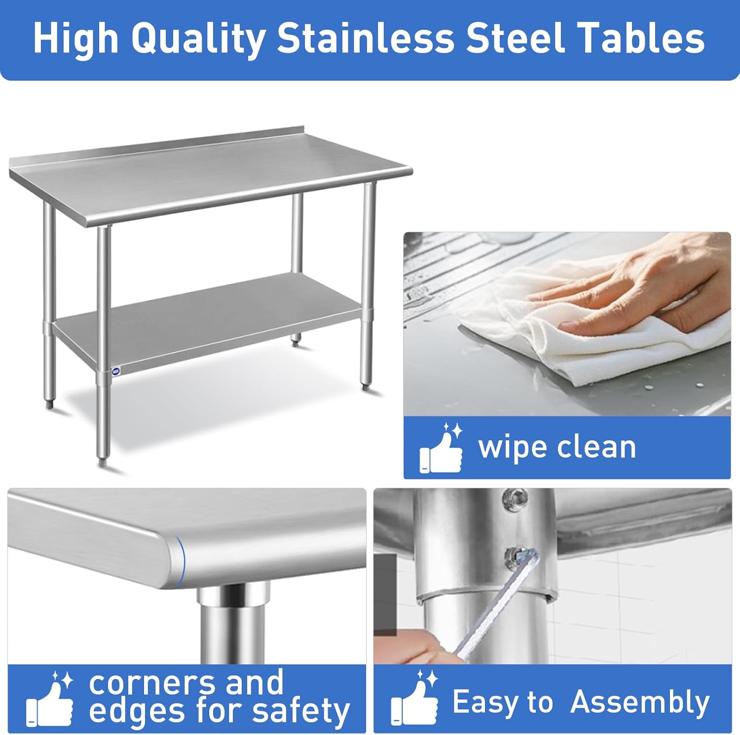 ROCKPOINT Stainless Steel Prep & Work with Backsplash 30x30 Inches, NSF Metal Commercial Kitchen Heavy Duty Table with Undershelf for Restaurant, Home and Hotel