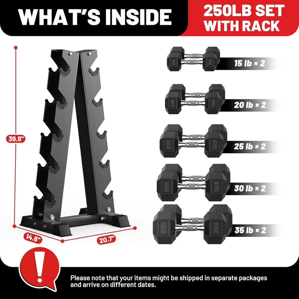 PAPABABE Hex Dumbbell Set with Rack, 85-560lb Rubber Encased Dumbbell Free Weights Dumbbells Set with Storage Rack, Hand Weights Set for Strength Training