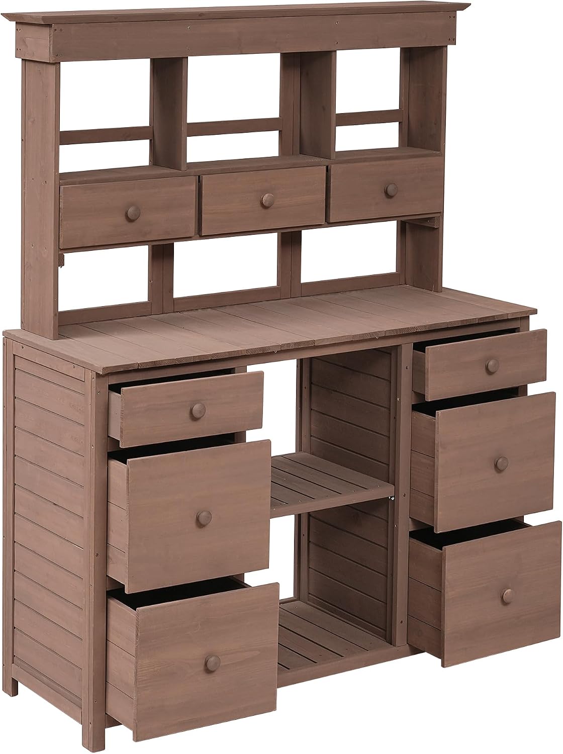 Rustic Design Garden Potting Bench Table with 3 Tiers Shelf and Ample Drawers, Large Gardening Workstation with Fir Wood Frame for Outdoor Space
