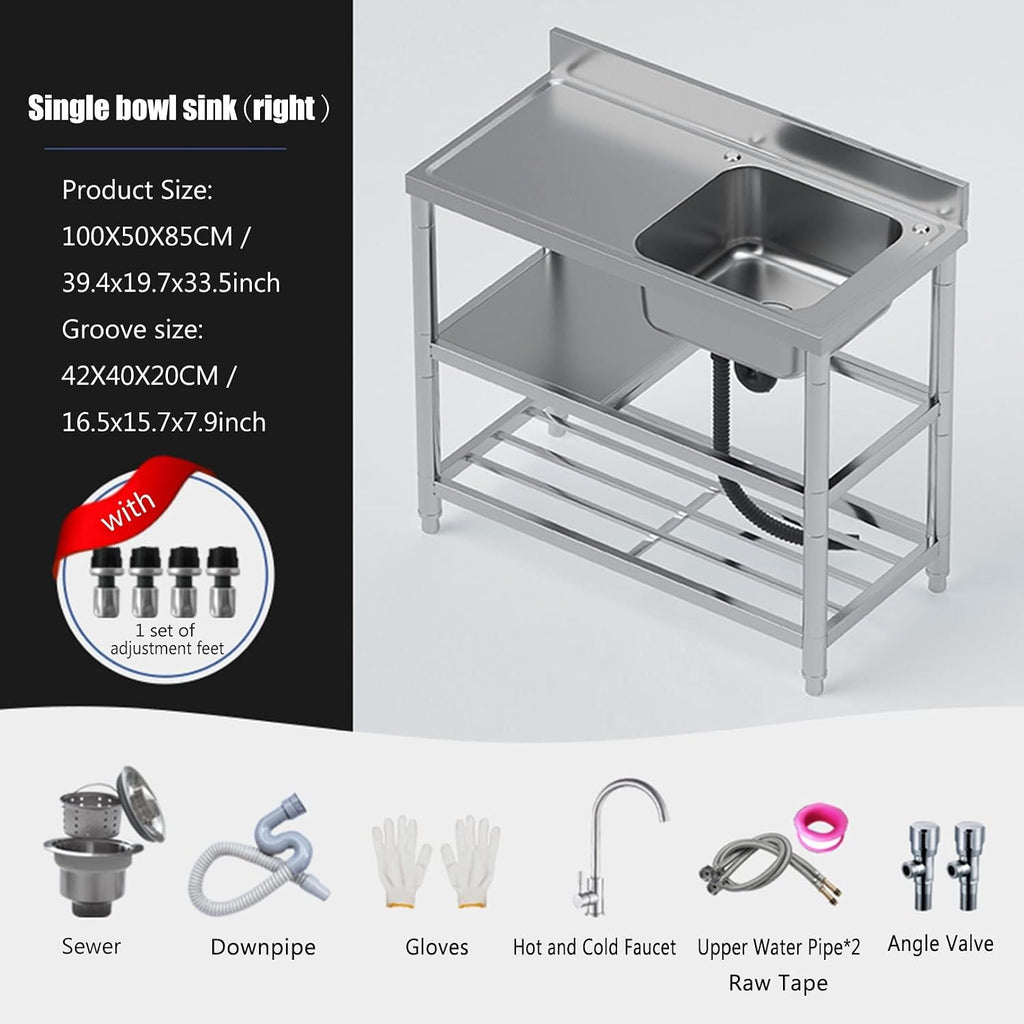 Stainless Steel Utility Sink with Workbench, Commercial Restaurant Sink Kitchen Sinks Set Prep & w/Faucet & Drainboard, Laundry Room Single Bowl Outdoor Kitchen Sinks(Hot Cold Faucet Right,39.4in)