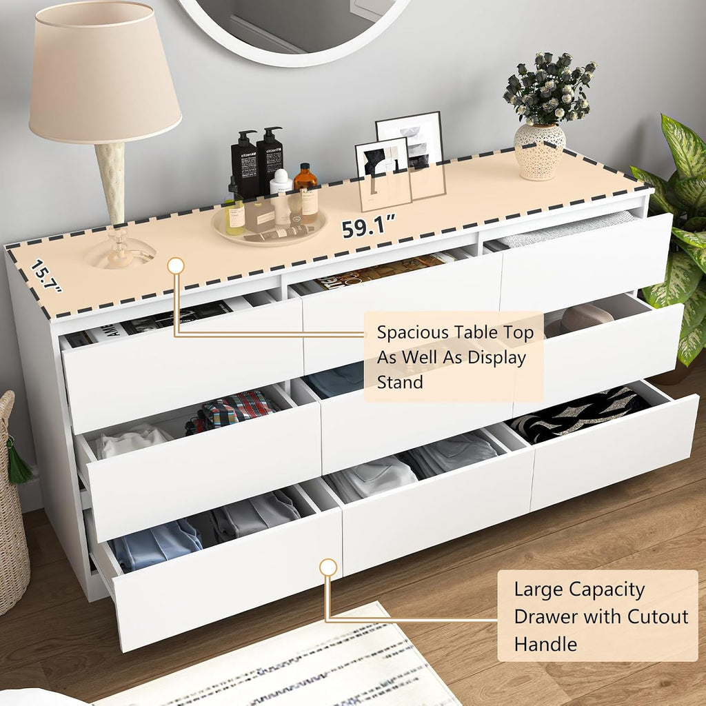 Vibe & Dine White Dresser 9 Drawer, Modern Long Dresser for Bedroom, Wood Chest of Drawers with Wide Storage for Living Room