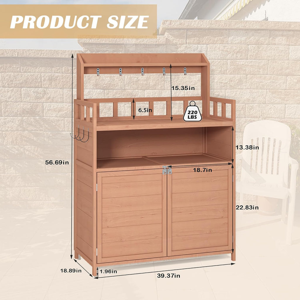 Linique Outdoor Potting Bench Wood Gardening Table with Storage Cabinet and Shelves, Garden Planting Workstation with Hooks for Planting and Patio Use