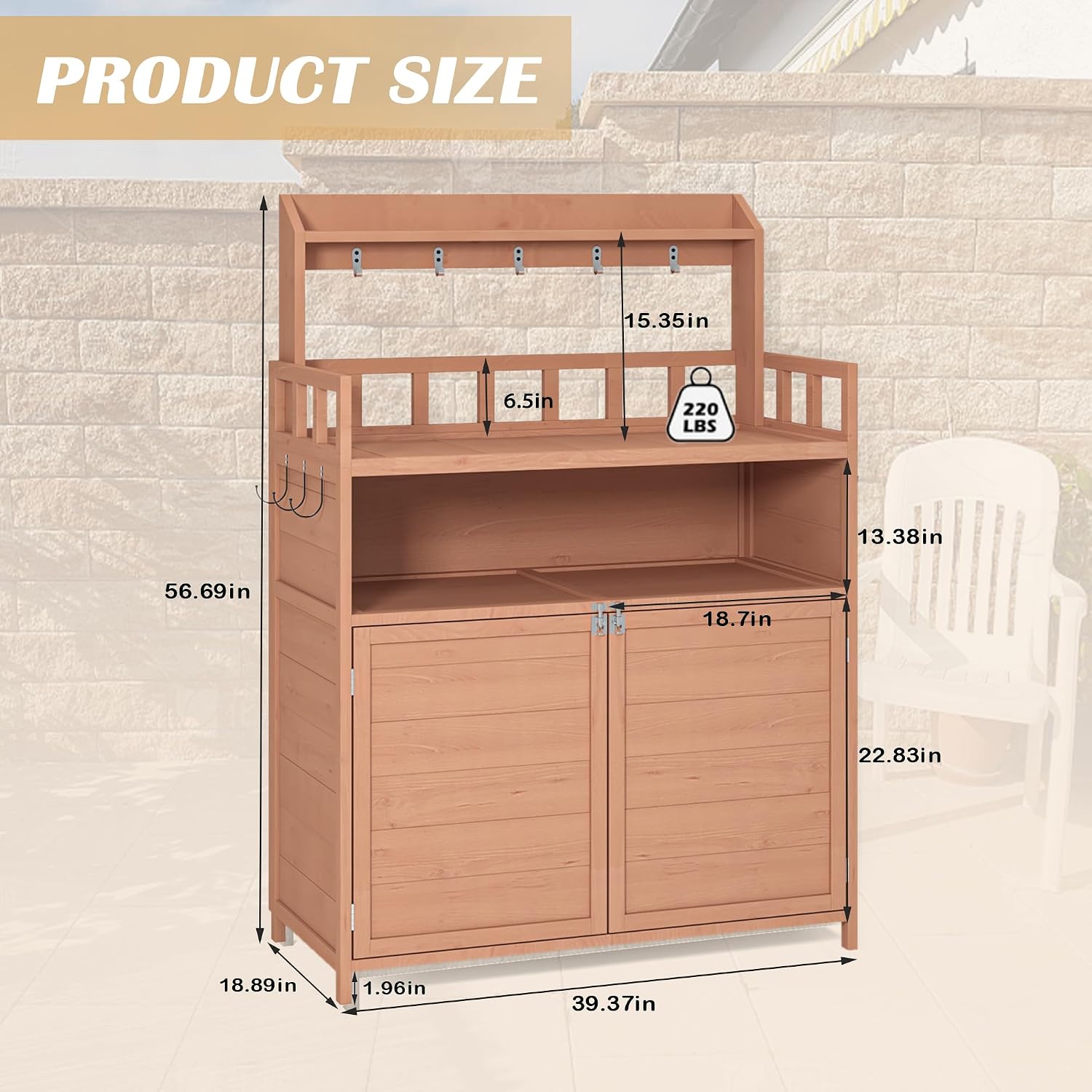 Linique Outdoor Potting Bench Wood Gardening Table with Storage Cabinet and Shelves, Garden Planting Workstation with Hooks for Planting and Patio Use