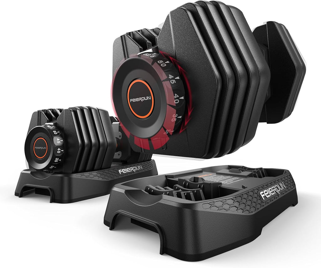 FEIERDUN DB1 QuickDial Adjustable Dumbbell Set, 15-in-1 Adjustable Weights with Storage Box & App, 105lb/52.5lb Quick Change for Drop Set, Superset & HIIT Home Gym, Non-Slip Handles, 3-year Aftersale Service