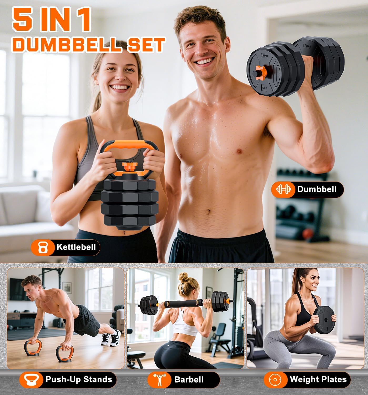 5-in-1 Adjustable Dumbbell Set, 33/44/66/88lbs Free Weights Set with Connector, Used as Kettlebells, Barbell, Push up Stand, Standard 1' Plates, Fitness Exercises for Home Gym Suitable Women/Men