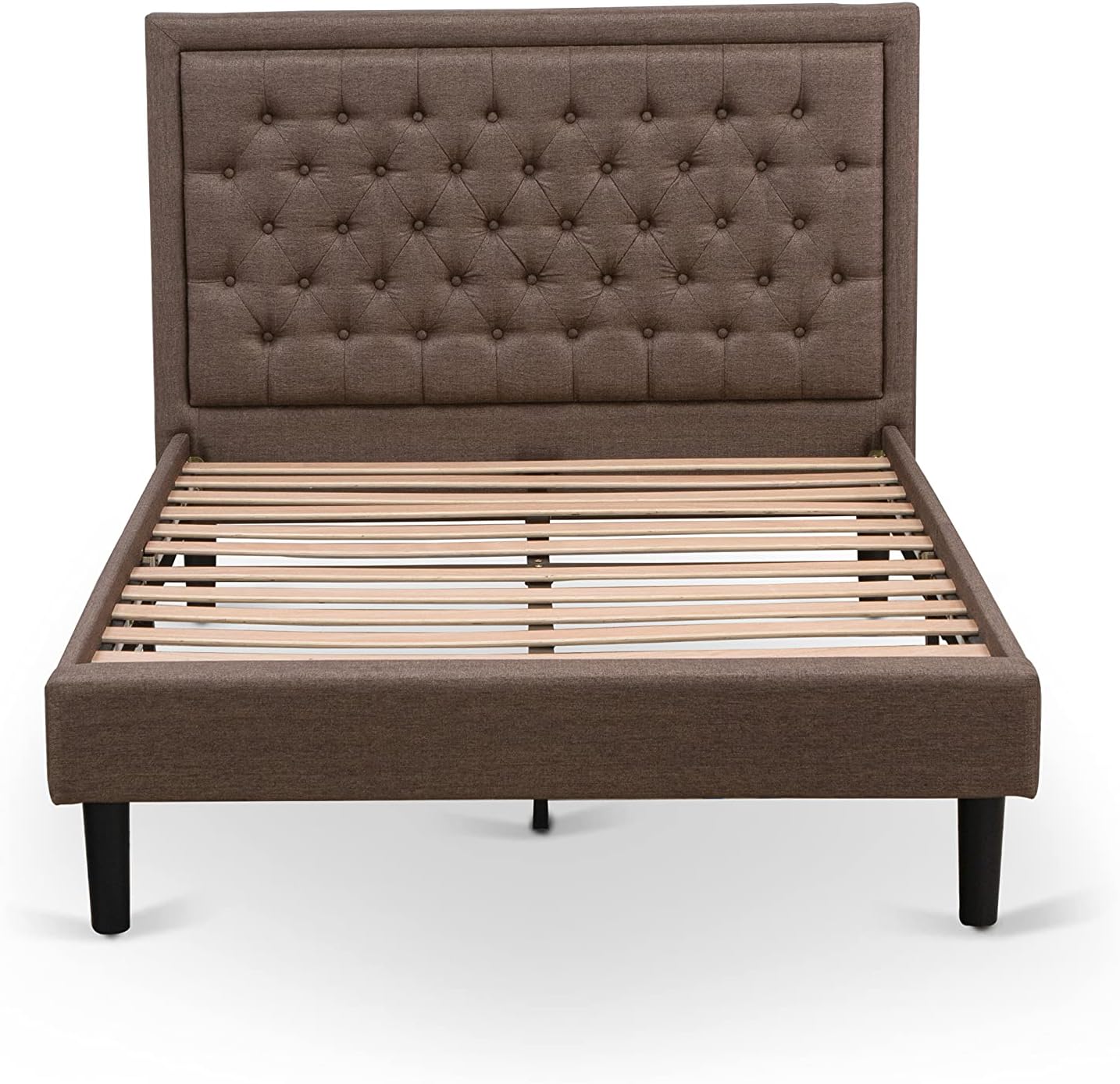 East West Furniture KDF-18-F Platform Full Bed Frame - Brown Linen Fabric Upholstered Bed Headboard with Button Tufted Trim Design - Black Legs