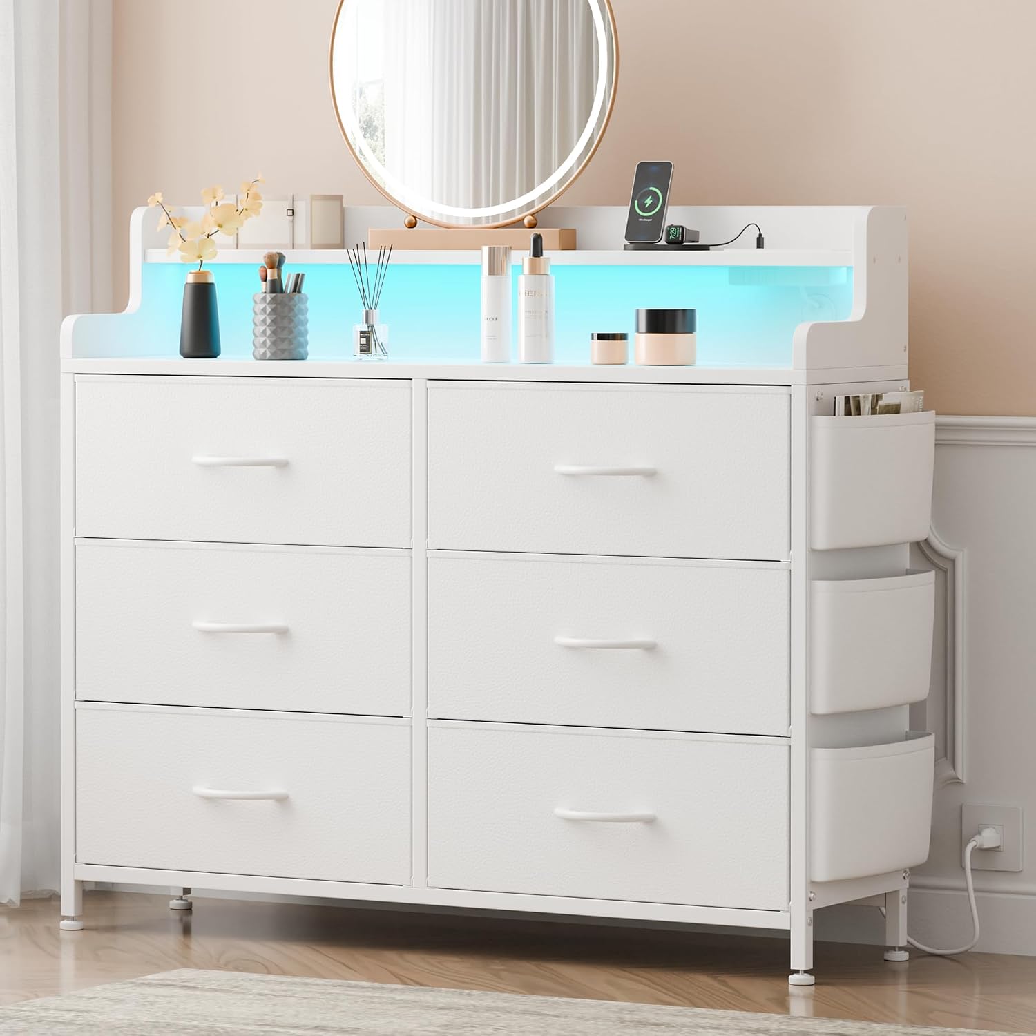 Lulive White Dresser for Bedroom 6 Drawers - Fabric Dressers for Bedroom with LED Light & Charging Station - Adults Chest of Drawers for Living Room Hallway Closet (White)