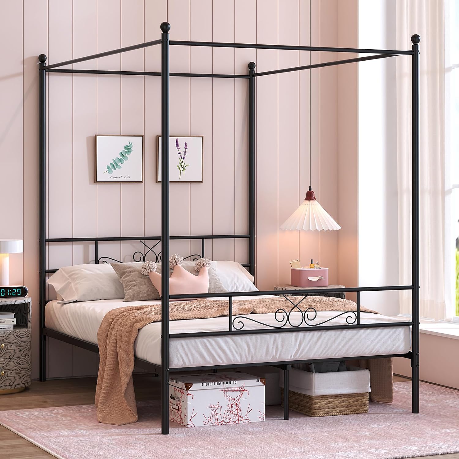 Weehom Canopy Bed Frame Full Size, Full Canopy Bed Frame with Headboard and Footboard, 4-Poster Mattress Foundation No Box Spring Needed Black