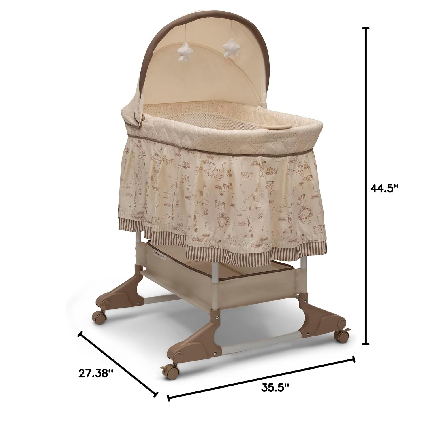Delta Children Portable Rocking Bassinet for Newborns Bedside Sleeper Crib with Gentle Vibrations, Nightlight, Soothing Music, Adjustable Canopy, Plush Toys, Storage Basket, Baby Essentials